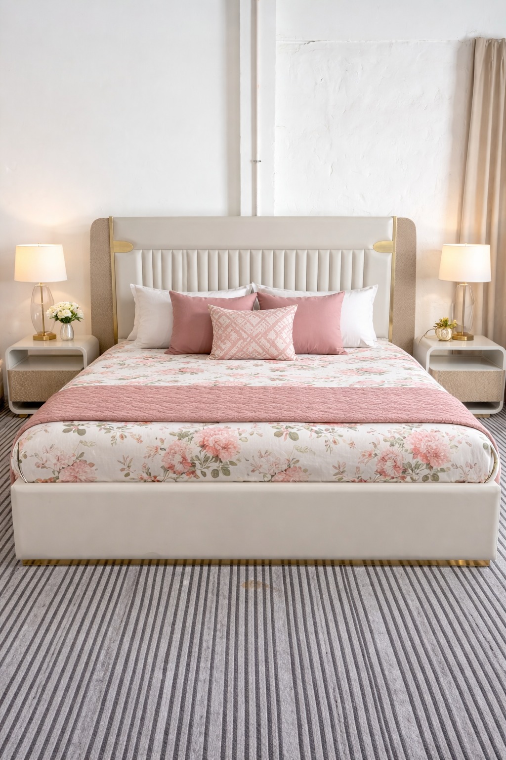 Blush Panel Upholstered Bed with Side Tables
