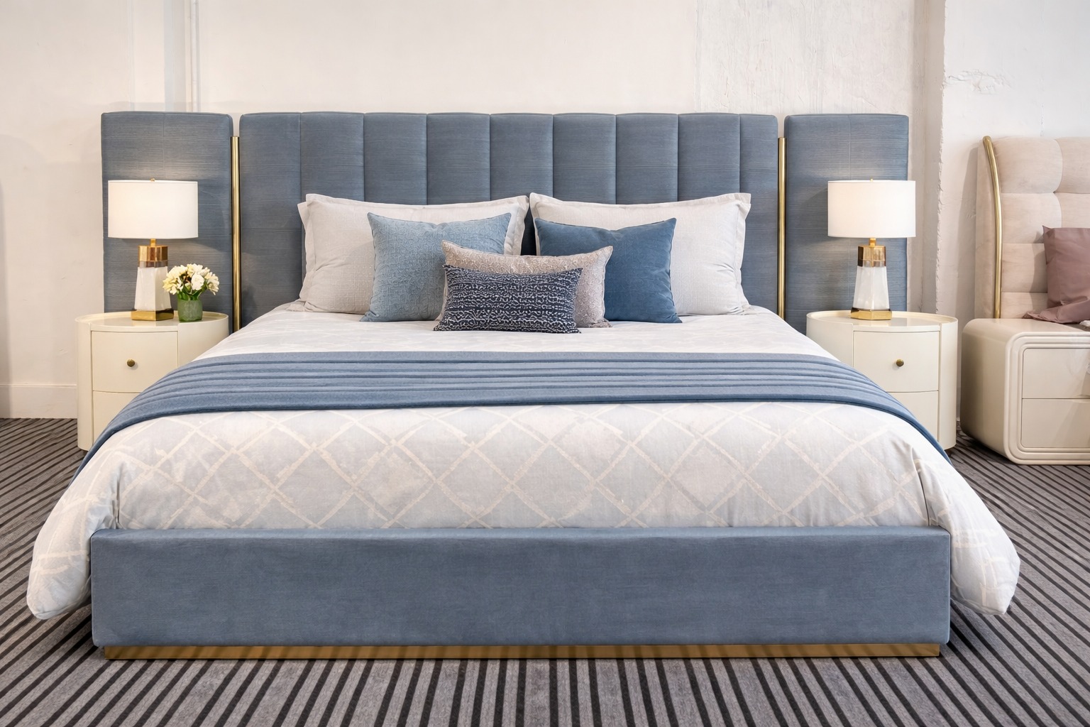 Azure Panel Upholstered Bed with Side Tables