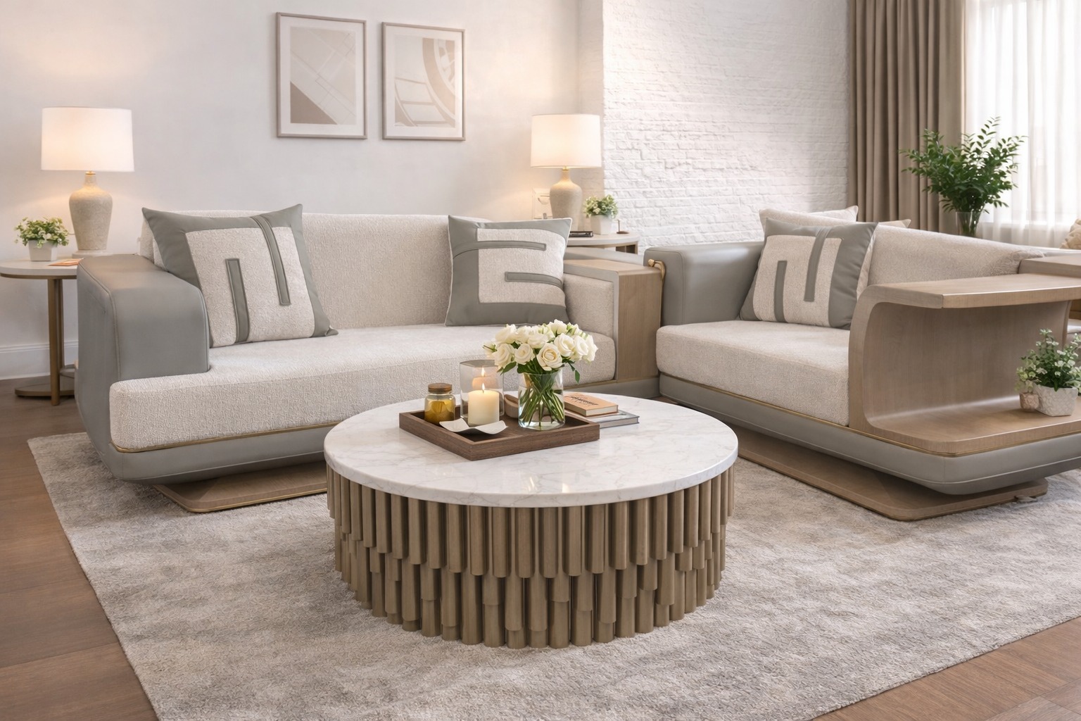 Modern Wooden Arm 7-Seater Sofa Set